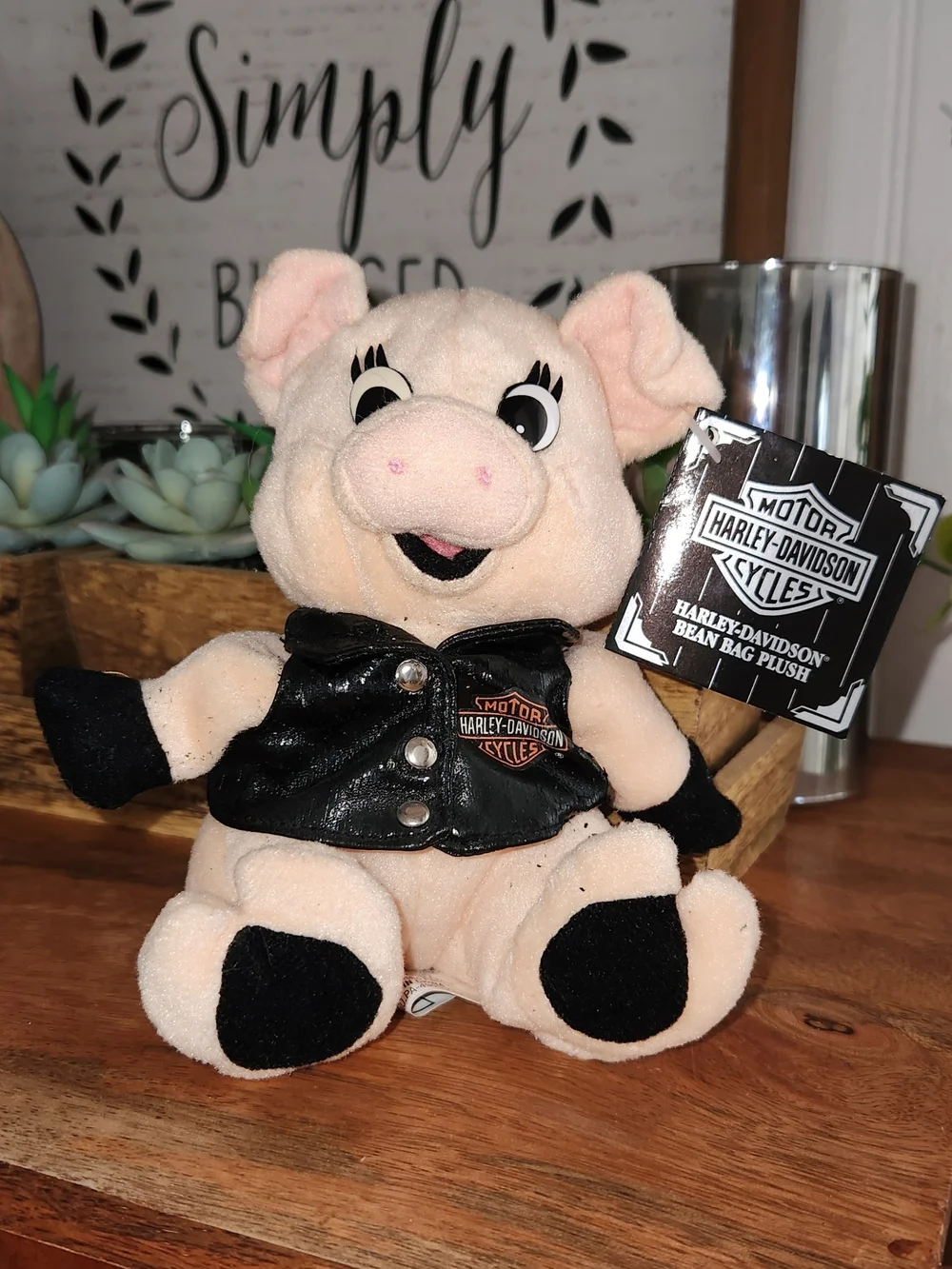 Harley-Davidson Plush Pig Toy in Cream with Black Vest